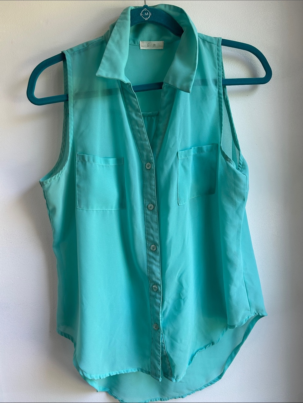 Beachy, coastal Sleeveless Button-Front Sheer Blouse - Aqua